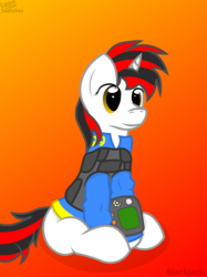 Size: 4081x5442 | Tagged: safe, artist:terminalhash, oc, oc only, oc:blackjack, pony, unicorn, fallout equestria, fallout equestria: project horizons, absurd resolution, clothes, fanfic, fanfic art, female, gradient background, hooves, horn, jumpsuit, mare, pipbuck, security armor, sitting, solo, vault security armor, vault suit, vector
