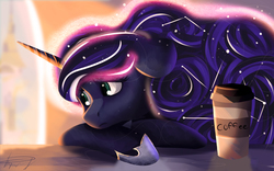 Size: 4000x2500 | Tagged: safe, artist:filama, princess luna, alicorn, pony, luna-afterdark, g4, coffee, coffee cup, constellation, cup, cute, female, lunabetes, mare, moon, night, paper cup, signature, solo