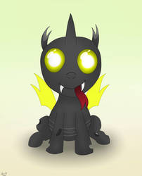 Size: 1024x1268 | Tagged: safe, artist:atomfliege, oc, oc only, oc:warplix, changeling, :p, changeling oc, cute, fangs, looking at you, silly, simple background, sitting, smiling, tongue out, yellow changeling, yellow wings