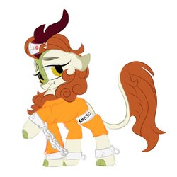 Size: 2000x2000 | Tagged: safe, artist:jen-neigh, autumn blaze, kirin, pony, g4, sounds of silence, chains, clothes, cuffs, high res, horn, horn ring, jumpsuit, kn-bl423, magic suppression, prison outfit, prisoner, sad, shackles, solo