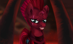 Size: 5000x3000 | Tagged: safe, artist:filama, tempest shadow, pony, unicorn, g4, my little pony: the movie, broken horn, eye scar, eyes open, female, fire, horn, looking at you, mare, scar, smiling, solo