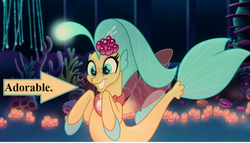Size: 945x540 | Tagged: safe, edit, edited screencap, editor:korora, screencap, princess skystar, seapony (g4), g4, my little pony: the movie, arrow, bioluminescent, blue eyes, blushing, bubble, captain obvious, coral, cropped, cute, dorsal fin, female, fin, fin wings, fins, fish tail, floppy ears, flower, flower in hair, flowing mane, flowing tail, freckles, glowing, grin, happy, jewelry, necklace, ocean, open mouth, pearl necklace, seaquestria, seashell, seaweed, shoo be doo, skyabetes, smiling, solo, squee, swimming, tail, text, truth, underwater, water, wings
