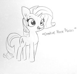 Size: 1504x1440 | Tagged: safe, artist:tjpones, rarity, pony, unicorn, g4, creativity, cute, descriptive noise, female, horse noises, ink drawing, lineart, mare, monochrome, open mouth, raribetes, simple background, sketch, smiling, solo, traditional art, white background
