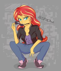 Size: 3000x3500 | Tagged: safe, artist:katakiuchi4u, sunset shimmer, equestria girls, g4, clothes, female, freckles, glasses, high res, jacket, looking at you, pants, peppered bacon, shoes, sneakers, solo, squatting