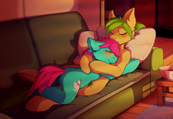 Size: 3900x2684 | Tagged: safe, artist:hakkids2, oc, oc only, oc:minty split, oc:oasis, earth pony, pony, anatomically incorrect, blushing, couch, cuddling, duo, eyes closed, female, floppy ears, high res, incorrect leg anatomy, lesbian, mare, pillow, sleeping, ych result