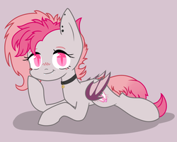 Size: 5000x4000 | Tagged: safe, artist:copster, oc, oc only, oc:candy quartz, bat pony, pony, bat pony oc, blushing, collar, cute, fangs, female, fluffy, happy, hoof on chin, lying down, piercing, shaved mane, simple background, solo, two toned mane, two toned wings, wing piercing, wings
