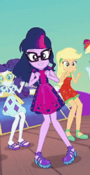 Size: 211x410 | Tagged: safe, applejack, fluttershy, rainbow dash, rarity, sci-twi, twilight sparkle, equestria girls, g4, i'm on a yacht, my little pony equestria girls: better together, animated, clothes, cropped, dancing, feet, female, geode of shielding, gif, glasses, jumping, legs, magical geodes, offscreen character, ponytail, sandals, shoes, skirt