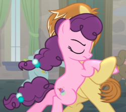 Size: 979x869 | Tagged: safe, screencap, feather bangs, sugar belle, earth pony, pony, g4, hard to say anything, bipedal, cropped, dancing, eyes closed, female, holding hooves, male, stallion, unamused