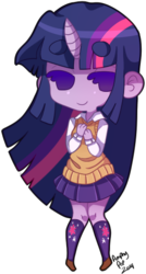 Size: 288x537 | Tagged: safe, artist:amphypop, twilight sparkle, equestria girls, g4, beanbrows, clothes, cute, eyebrows, female, horn, horned humanization, pleated skirt, shoes, simple background, skirt, smiling, socks, solo, sweater vest, transparent background