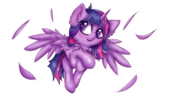 Size: 1920x1080 | Tagged: safe, artist:rurihal, twilight sparkle, alicorn, pony, g4, blushing, cute, feather, female, simple background, smiling, solo, twiabetes, twilight sparkle (alicorn), white background