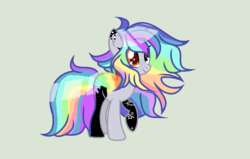 Size: 2512x1600 | Tagged: safe, artist:lilac-hearts, artist:mlplove4ever, oc, oc only, oc:pastel chole, alicorn, pony, alicorn oc, base used, female, freckles, gray background, heterochromia, mare, rainbow hair, raised hoof, simple background, solo, tattoo, wingless