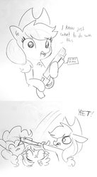 Size: 1124x2048 | Tagged: safe, artist:tjpones, applejack, pinkie pie, rainbow dash, earth pony, pegasus, pony, g4, abuse, cowboy hat, d:, derp, female, floppy ears, frown, glare, gun, hat, hitting, hoof hold, implied pear butter, ink drawing, lineart, mare, one eye closed, open mouth, pinkiebuse, shotgun, silly, silly pony, simple background, sketch, smiling, spread wings, traditional art, violence, weapon, whack, white background, who's a silly pony, wide eyes, wings, wink, yeet