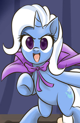 Size: 377x581 | Tagged: safe, artist:rambon7, trixie, pony, unicorn, g4, bipedal, cape, clothes, cropped, female, looking at you, mare, open mouth, solo, trixie's cape, underhoof
