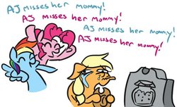 Size: 569x345 | Tagged: safe, artist:jargon scott, applejack, pinkie pie, rainbow dash, pony, g4, abuse, cruel, crying, dark comedy, dialogue, family guy, gravestone, hat, implied death, implied pear butter, jackabuse, jerk, laughing, male, moral event horizon, out of character, pinkie prick, pure unfiltered evil, rainbow douche, sad, simple background, we are going to hell, white background, why