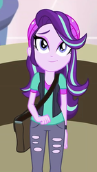 Size: 608x1080 | Tagged: safe, screencap, starlight glimmer, equestria girls, g4, mirror magic, spoiler:eqg specials, bag, beanie, clothes, cropped, cute, eyeshadow, female, glimmerbetes, hat, lidded eyes, looking at you, looking up, looking up at you, makeup, pants, redemption, smiling, solo