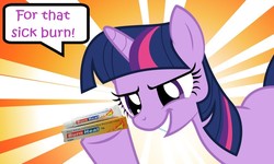 Size: 1024x615 | Tagged: safe, edit, edited screencap, editor:leonidus, screencap, twilight sparkle, a bird in the hoof, g4, burn, dialogue, funny, grin, lotion, medicine, meme, sick burn, smiling, speech bubble, text