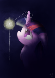 Size: 1748x2480 | Tagged: safe, artist:squeaky-belle, twilight sparkle, pony, unicorn, g4, cute, dark, female, floppy ears, fluffy, glowing, glowing horn, horn, looking at something, magic, mare, sitting, smiling, solo, spark, sparkles, spell, twiabetes, unicorn twilight