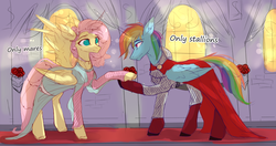 Size: 3088x1632 | Tagged: safe, artist:magicbalance, fluttershy, rainbow dash, pegasus, pony, g4, clothes, commission, dress, female, half r63 shipping, male, mare, rainbow blitz, rule 63, ship:flutterblitz, ship:flutterdash, shipping, stallion, straight, ych example, your character here