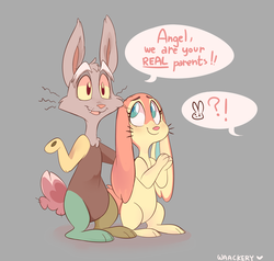 Size: 1807x1722 | Tagged: safe, artist:waackery, discord, fluttershy, rabbit, g4, bipedal, bunnified, bunnyshy, dialogue, female, implied angel bunny, male, offscreen character, ship:discoshy, shipping, simple background, smiling, species swap, speech bubble, straight