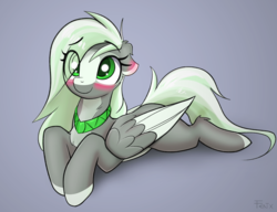 Size: 3510x2693 | Tagged: safe, artist:fenixdust, oc, oc only, oc:jade stonesetter, pegasus, pony, blushing, cute, female, floppy ears, high res, jewelry, lying down, mare, smiling, solo