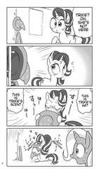 Size: 622x1080 | Tagged: safe, artist:k-nattoh, starlight glimmer, trixie, pony, unicorn, g4, 4koma, blushing, caught, clothes, comic, eyes closed, eyes on the prize, female, fetish, grayscale, hat, heart, horrified, implied lesbian, implied shipping, implied startrix, lesbian, looking at something, mare, mirror, monochrome, olfactophilia, open mouth, ship:startrix, shipping, smiling, sniffing, stalker, stalking, sweat, sweatdrop, sweatdrops, translation, trixie's hat, wide eyes