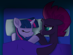 Size: 11317x8418 | Tagged: safe, artist:ejlightning007arts, fizzlepop berrytwist, tempest shadow, twilight sparkle, my little pony: the movie, absurd resolution, bed, broken horn, cute, eyes closed, female, horn, lesbian, night, pillow, shipping, sleeping, tempestbetes, tempestlight, tired, twiabetes