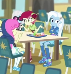 Size: 365x381 | Tagged: safe, screencap, bon bon, photo finish, roseluck, sweetie drops, trixie, equestria girls, equestria girls series, g4, schedule swap, spoiler:eqg series (season 2), background human, cafeteria, clothes, cropped, dress, female, flower, high heels, hoodie, rose, shoes, skirt