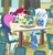 Size: 365x381 | Tagged: safe, screencap, bon bon, photo finish, roseluck, sweetie drops, trixie, equestria girls, g4, my little pony equestria girls: better together, schedule swap, background human, cafeteria, clothes, cropped, dress, female, flower, high heels, hoodie, rose, shoes, skirt