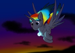 Size: 5000x3500 | Tagged: safe, artist:tunrae, oc, oc only, unnamed oc, alicorn, pony, absurd resolution, alicorn oc, commission, flying, glowing orb, simple background, solo, sunset