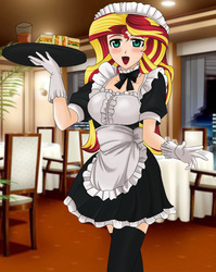Size: 763x960 | Tagged: safe, alternate version, artist:anonix123, sunset shimmer, human, g4, anime, chair, clothes, female, food, glass, humanized, juice, maid, open mouth, restaurant, solo, table