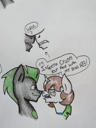 Size: 690x920 | Tagged: safe, artist:paper view of butts, oc, oc:cyrax, oc:paper butt, pony, boop, clothes, colored, comic, dialogue, glasses, horn, jacket, male, nose to nose, noseboop, stallion, traditional art