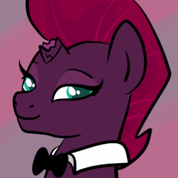 Size: 849x849 | Tagged: safe, artist:sjart117, fizzlepop berrytwist, tempest shadow, pony, g4, my little pony: the movie, animated, barely animated, bowtie, broken horn, bust, eye shimmer, female, gif, horn, looking at you, mare, portrait, solo