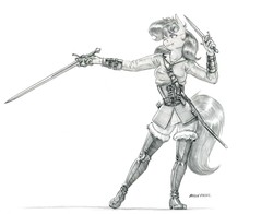 Size: 1400x1095 | Tagged: safe, artist:baron engel, oc, oc only, oc:latch, anthro, unguligrade anthro, anthro oc, boots, clothes, corset, dagger, female, grayscale, mare, monochrome, monocle, pencil drawing, pirate, rapier, shoes, simple background, sketch, smiling, solo, story in the comments, sword, thigh boots, traditional art, weapon, white background
