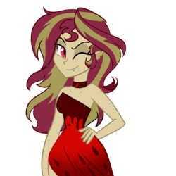 Size: 1000x1000 | Tagged: dead source, safe, artist:wubcakeva, sunset shimmer, vampire, equestria girls, g4, bare shoulders, clothes, fangs, female, looking at you, one eye closed, simple background, sleeveless, smiling, solo, strapless, transparent background, vampirism, wink