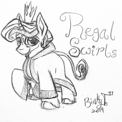 Size: 2579x2579 | Tagged: safe, artist:binkyt11, classical unicorn, pony, unicorn, body markings, clothes, cloven hooves, crossover, crown, curved horn, elf ears, grand minimus, high res, horn, jewelry, leonine tail, male, monochrome, ponified, rayman, regal, regalia, robe, royalty, solo, stallion, teensies, traditional art, unshorn fetlocks