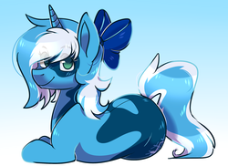 Size: 2308x1676 | Tagged: safe, artist:raponee, oc, oc only, oc:snow sailor, pony, unicorn, bow, female, horn, looking at you, lying down, rule 63, solo, unicorn oc