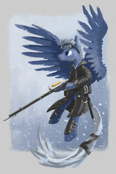 Size: 1181x1772 | Tagged: safe, artist:plainoasis, pegasus, pony, clothes, gun, solo, weapon