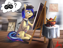 Size: 3353x2570 | Tagged: safe, artist:alumx, oc, oc only, earth pony, pony, beret, controller, hat, high res, painting, pictogram, solo