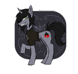Size: 1280x1225 | Tagged: safe, artist:xpromkingx, pony, unicorn, clothes, commission, disguise, disguised siren, fangs, grin, hair over one eye, kellin quinn, looking at you, male, missing accessory, ponified, raised hoof, shirt, simple background, sleeping with sirens, smiling, solo, stallion, standing, t-shirt, transparent background