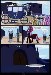 Size: 4750x7000 | Tagged: safe, alternate version, artist:chedx, tempest shadow, comic:the storm kingdom, g4, my little pony: the movie, absurd resolution, alternate hairstyle, alternate timeline, alternate universe, bad end, canterlot, castle, comic, gag, general tempest shadow, harness, help us, muzzle gag, slave, slavery, tack, the bad guy wins