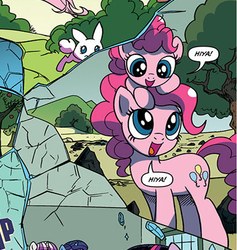 Size: 406x429 | Tagged: safe, artist:pencils, idw, official comic, fluttershy, pinkie pie, twilight sparkle, twilight velvet, earth pony, pony, g4, spoiler:comic, spoiler:comicidw2020, cropped, cute, diapinkes, duo, female, filly, filly pinkie pie, mare, self ponidox, sitting on head, speech bubble, younger