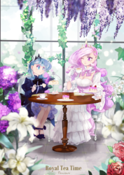 Size: 2059x2912 | Tagged: safe, artist:tingsan, princess celestia, princess luna, human, g4, anime, clothes, cup, dress, drink, duo, female, flower, food, fork, high res, humanized, jewelry, one eye closed, plate, regalia, royal sisters, shoes, sisters, sitting, smiling, table, tea, teacup, wink