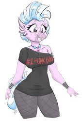 Size: 900x1330 | Tagged: safe, artist:flutterthrash, silverstream, anthro, g4, breasts, clothes, female, off shoulder, punk, shirt, simple background, smiling, solo, white background