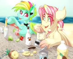 Size: 3000x2431 | Tagged: safe, artist:drizziedoodles, oc, oc:berry limeade, oc:kokomo, bat pony, alcohol, beach, blender (object), bowtie, cloven hooves, coconut, duo, ear piercing, food, herbivore, high res, lime, piercing, pineapple, rum, strawberry, vodka