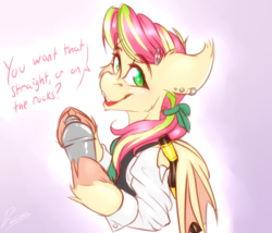 Size: 3709x3181 | Tagged: safe, artist:drizziedoodles, oc, oc only, oc:berry limeade, bat pony, pony, alcohol, bartender, bat pony oc, bottle, cloven hooves, cute, dialogue, ear piercing, high res, looking at you, male, piercing, ponytail, smiling, solo, text