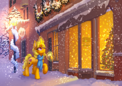Size: 3508x2480 | Tagged: safe, artist:dragonataxia, oc, oc only, pony, unicorn, christmas, christmas tree, clothes, coffee, commission, curved horn, female, glowing horn, high res, holiday, horn, lamppost, magic, mare, scarf, snow, snowfall, solo, telekinesis, tree, window, winter, wreath