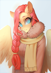 Size: 905x1280 | Tagged: safe, artist:glorious-rarien, fluttershy, pegasus, anthro, g4, alternate hairstyle, braid, clothes, coat, cute, female, mare, scarf, shyabetes, smiling, solo