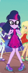 Size: 151x395 | Tagged: safe, edit, screencap, applejack, rarity, sci-twi, twilight sparkle, equestria girls, g4, i'm on a yacht, my little pony equestria girls: better together, animated, clothes, cropped, dancing, feet, female, geode of shielding, gif, glasses, jumping, legs, looking at you, magical geodes, offscreen character, ponytail, sandals, shoes, skirt