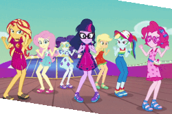 Size: 670x448 | Tagged: safe, edit, edited screencap, screencap, applejack, fluttershy, pinkie pie, rainbow dash, rarity, sci-twi, sunset shimmer, twilight sparkle, equestria girls, g4, i'm on a yacht, my little pony equestria girls: better together, alternate hairstyle, animated, baseball cap, cap, clothes, corrected angle, cute, dress, feet, female, geode of empathy, geode of fauna, geode of shielding, geode of super speed, gif, hat, humane five, humane seven, humane six, jumping, legs, magical geodes, midriff, sandals, sleeveless, sunglasses, toes