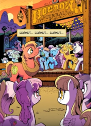 Size: 466x645 | Tagged: safe, artist:andypriceart, editor:symphonic sync, idw, official comic, berry punch, berryshine, big macintosh, dj pon-3, fluttershy, lotus blossom, lyra heartstrings, minuette, pinkie pie, rainbow dash, rarity, twilight sparkle, vinyl scratch, earth pony, pegasus, pony, g4, zen and the art of gazebo repair, spoiler:comic, spoiler:comic10, comics, female, male, mare, stallion, text box, unnamed character, unnamed pony